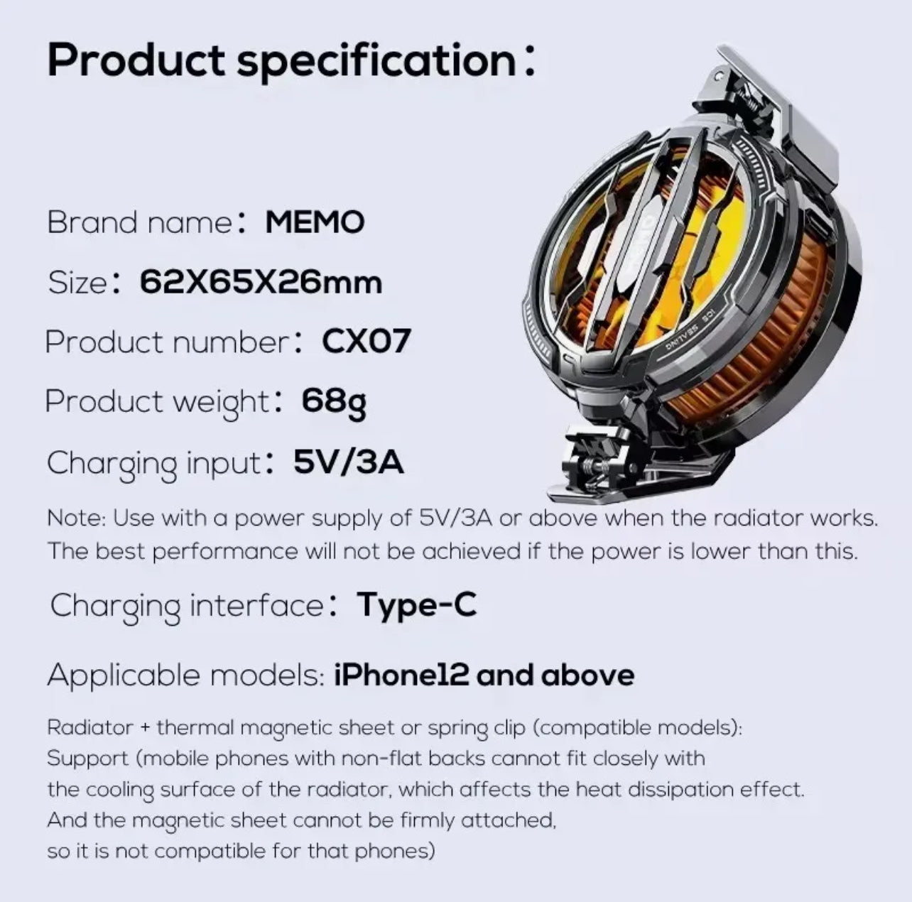MEMO CX07 Magnetic Phone Cooler Fan | Gaming Radiator Cooling Fan for Mobile | USB Cold Wind Fan for PUBG & Gaming | Silent & Fast Cooling Mobile Cooler