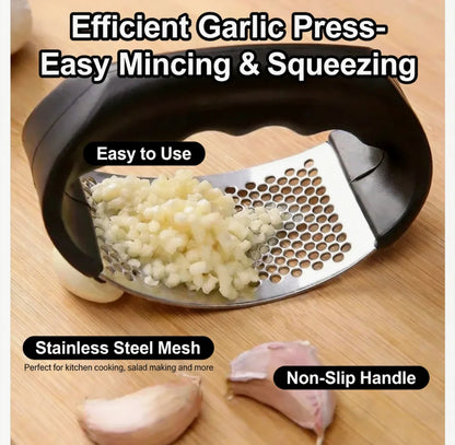 2 in 1 Garlic Press Garlic Crusher, Food Grade 430Stainless Steel Kitchen Garlic Ginger Rocker with Garlic Peeler & Garlic Cleaner Brush, Easy to Use