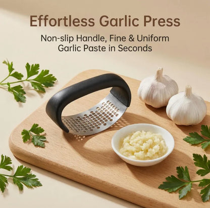 2 in 1 Garlic Press Garlic Crusher, Food Grade 430Stainless Steel Kitchen Garlic Ginger Rocker with Garlic Peeler & Garlic Cleaner Brush, Easy to Use