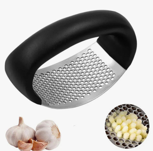2 in 1 Garlic Press Garlic Crusher, Food Grade 430Stainless Steel Kitchen Garlic Ginger Rocker with Garlic Peeler & Garlic Cleaner Brush, Easy to Use